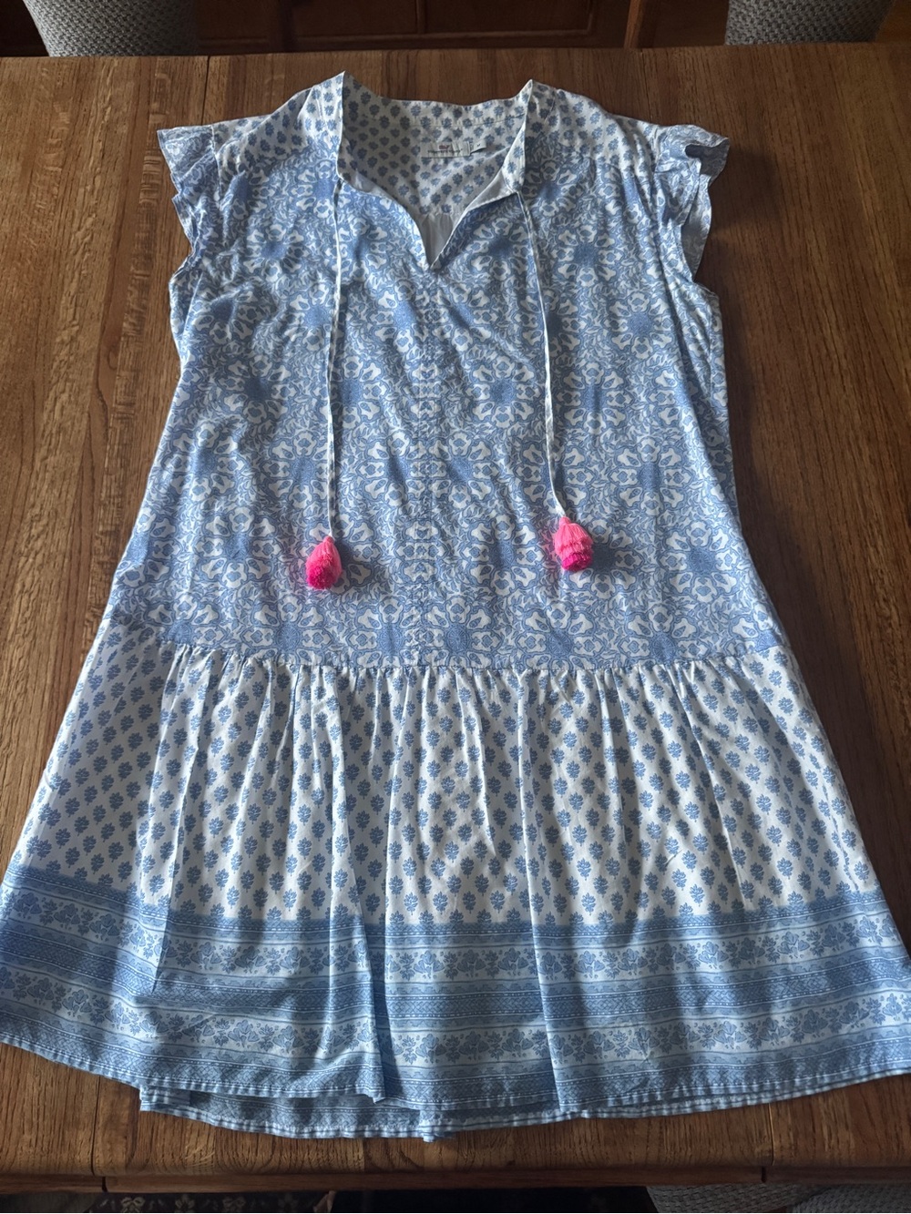 Vineyard Vines Blue & White Printed Tiered Mini Dress with Pink Tassels - Medium